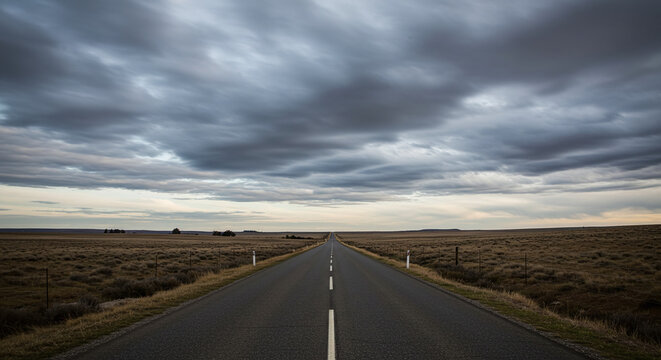 road to nowhere. The road has clear lane markings and ample copy space, ideal for text placement. The sky is clear, providing a neutral and versatile background