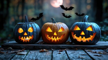 Three Jack O Lanterns Glow On A Wooden Table