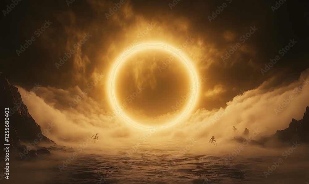 Aufkleber a mystical scene featuring a majestic golden ring illuminated against a dark, cloudy backdrop, creat