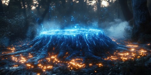 Fototapeta premium Mystical Forest: Glowing Stump in Ember-Lit Grove