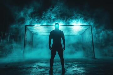Nighttime soccer drama intense goalkeeper standoff in silhouetted perspective