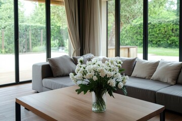 Bright living room featuring cozy sofa, wooden table, and fresh