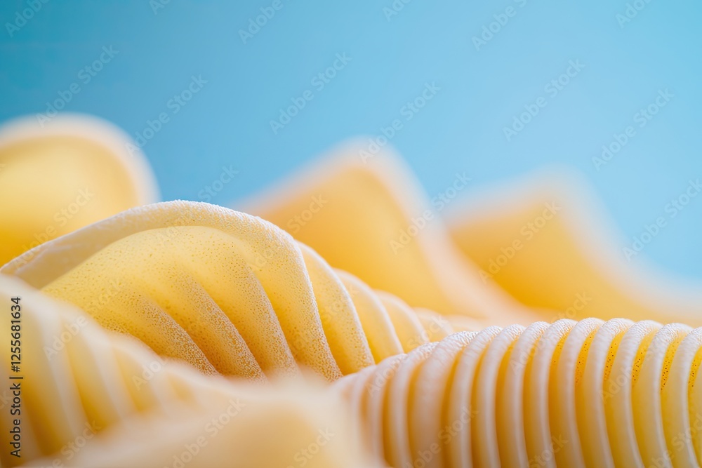 Poster curved layers of pasta create dynamic texture against soft blue