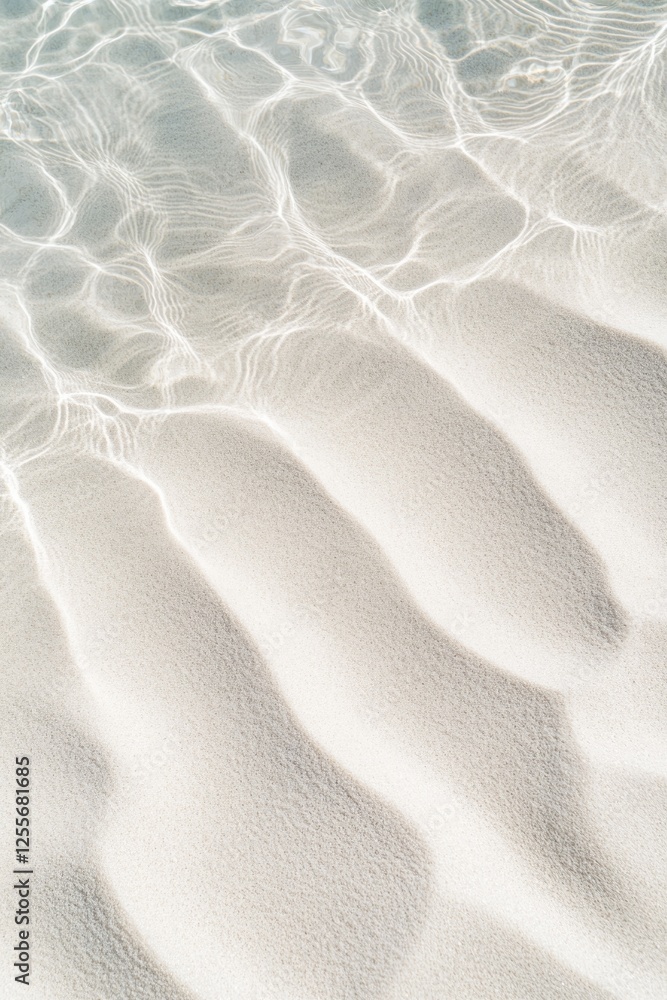 Poster gentle waves create soft patterns on pristine white sand, reflec