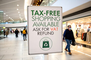 Fototapeta premium A sign promoting tax-free shopping and VAT refunds in a busy shopping area, with shoppers visible in the background.