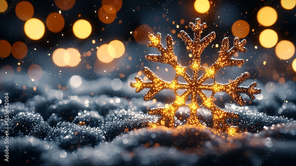 Poster glittering snowflake in snowy scene, bokeh lights background; festive holiday card