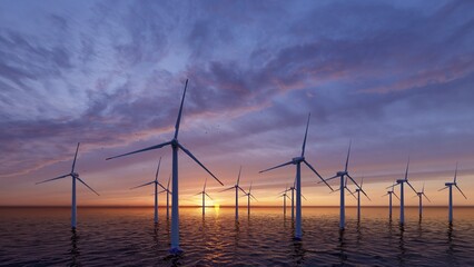 Windmill park. Offshore wind turbines farm on the ocean. Sustainable energy production. Green...