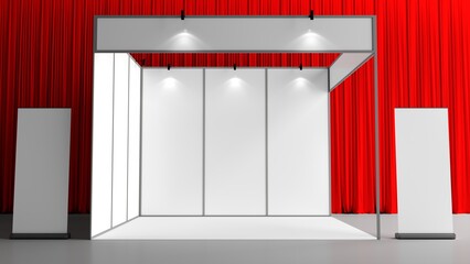 Blank white trade exhibition booth system stand. Trade show booth white and blank. Blank indoor exhibition with work paths