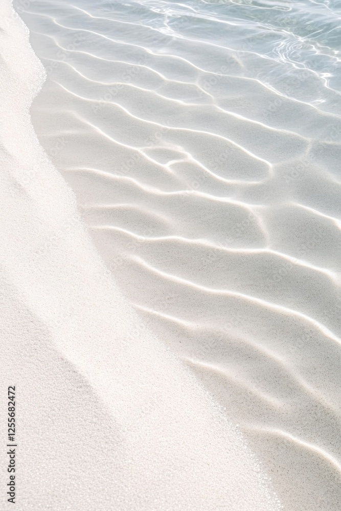 Poster gentle waves create soft patterns on pristine sand, evoking tran