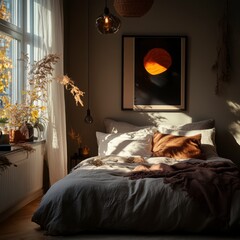 Cozy bedroom with warm tones and art, calming sunlight streaming