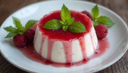 Creamy dessert with raspberry sauce and mint