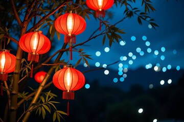 Illuminated Red Chinese Lanterns Hanging on Tree Branches at Night Festive Atmosphere