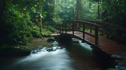 Fototapeta premium A traditional wooden bridge with curved railings crossing a serene forest stream.