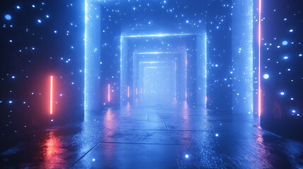 Naklejka premium Sci-fi style blue and red neon corridor