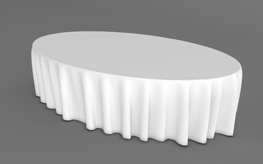 Round table with tablecloth isolated on white background. Meeting room table clothes, white silk table clothes.	