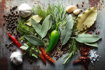 Vibrant assortment of fresh herbs and spices arranged artistical