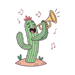 Funny Cinco de Mayo Cactus Playing Trumpet Vector Illustration