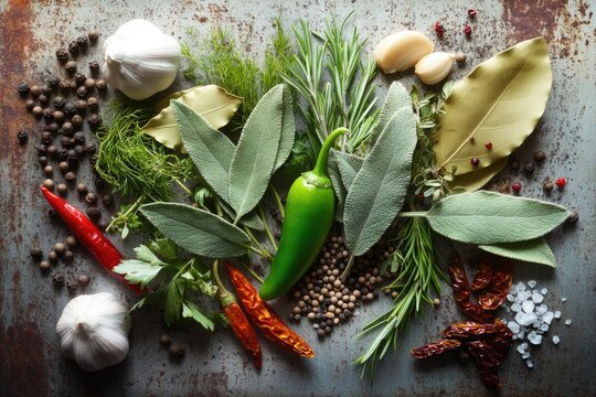 Vibrant assortment of fresh herbs and spices arranged artistical