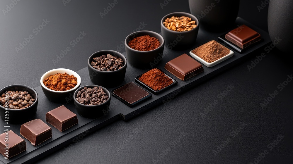 Poster assorted chocolates and cocoa ingredients displayed on dark background