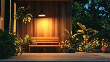 Greenhouse-inspired home corner with lush indoor plants, a wooden bench, and soft lighting.