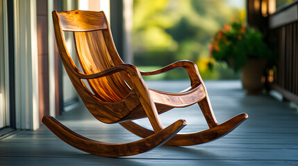 A traditional wooden rocking chair with smooth curves and a polished surface placed on a porch.