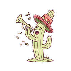 Funny Cinco de Mayo Cactus Playing Trumpet Vector Illustration