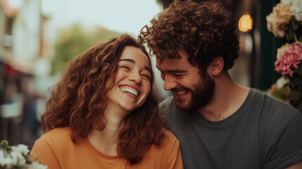 Fototapeta premium Happy couple sharing joyful moment outdoors, surrounded by flowers.