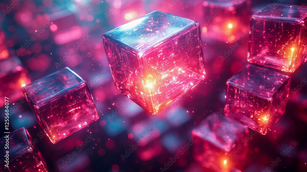 Poster abstract neon cubes floating in a futuristic digital space with glowing reflections and intricate de
