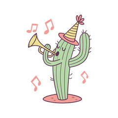 Funny Cinco de Mayo Cactus Playing Trumpet Vector Illustration