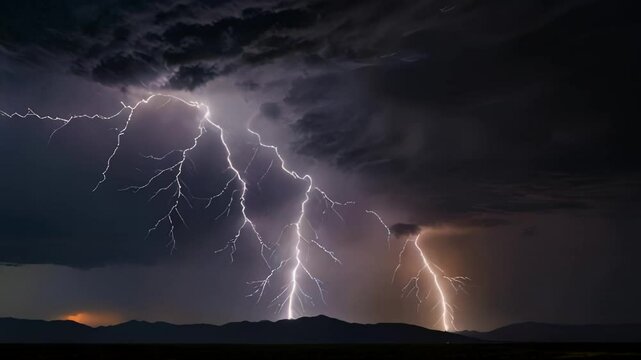 Lightning strikes illuminate a dark sky over a mountain range, with a faint glow 