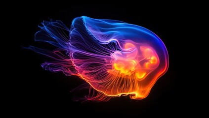 Vibrant Jellyfish Swim Gracefully in Ocean Depths, Illuminated with Neon Colors, Underwater Beauty