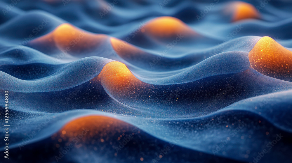 Poster abstract gravity waves creating a surreal undulating landscape with glowing golden peaks