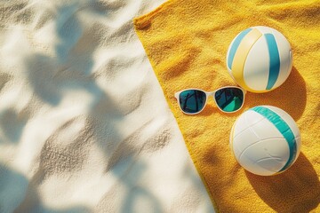 Beach scene featuring two volleyballs and sunglasses on a vibrant towel beside sandy shore
