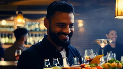 A smiling bartender with a neat beard holds a tray of drinks in a lively bar with low, ambient lighting.