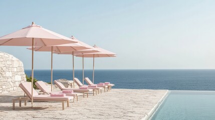 Obraz premium Tranquil poolside scene featuring pink umbrellas and sun lounger