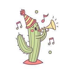 Funny Cinco de Mayo Cactus Playing Trumpet Vector Illustration