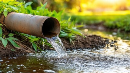 Water Flowing From Rusty Pipe Into Small Stream Surrounded By Lush Greenery At Sunset