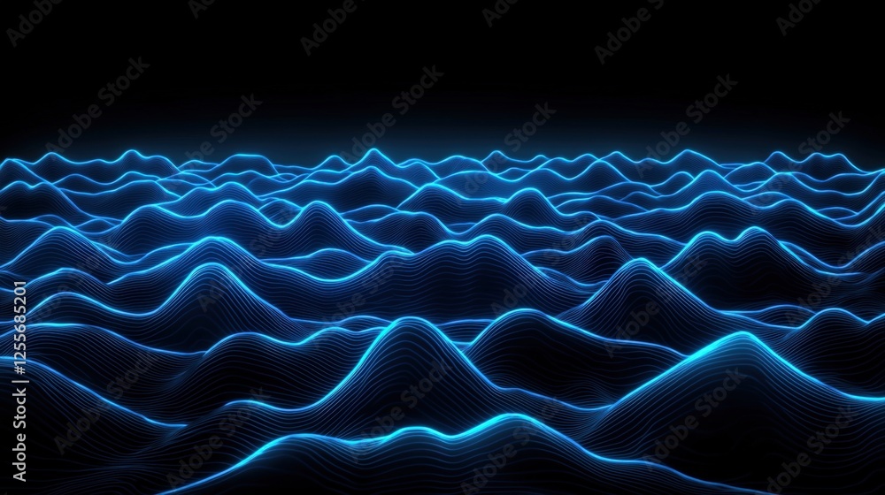 Poster dynamic blue light waves abstract representation digital art virtual environment wide angle view ene