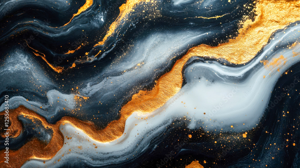 Poster abstract artistic image with fluid golden and black waves resembling paint flowing in a dynamic comp