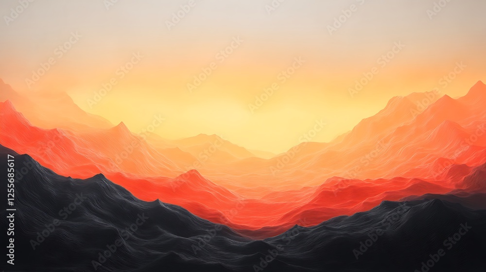 Poster a serene landscape features layers of mountains in warm hues of orange and red, creating a tranquil 
