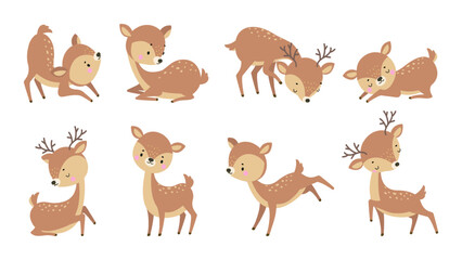 Fototapeta premium Cute deer. Cartoon deers play run and sleep. Adorable forest animals in various poses, resting and activity. Childish characters, funny nowaday vector wild characters