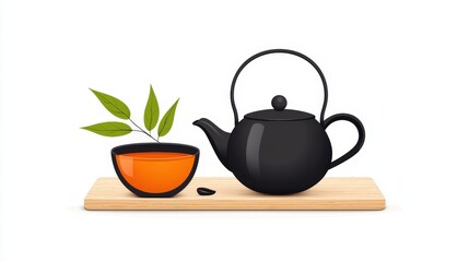 Black Teapot and Cup with Green Leaves on Wooden Tray in Minimalist Style