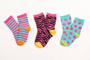 Set of kids colorful socks. Multicolored trendy socks
