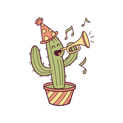 Funny Cinco de Mayo Cactus Playing Trumpet Vector Illustration
