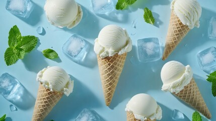 Vanilla ice cream cones, mint, ice cubes, blue background, summer dessert