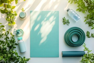 Tranquil yoga setup featuring a mint green mat and accessories surrounded by lush greenery