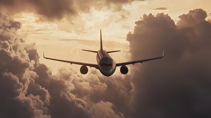 A plane is flying through a stormy sky