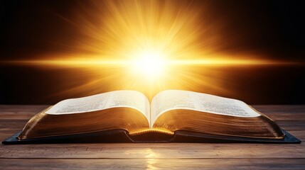 An open book emits a radiant golden light, symbolizing knowledge, enlightenment, and inspiration against a dark background.