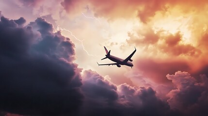 A plane is flying through a stormy sky