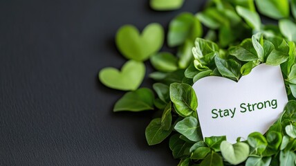 Green leaves and heart-shaped note with "Stay Strong" message on dark background